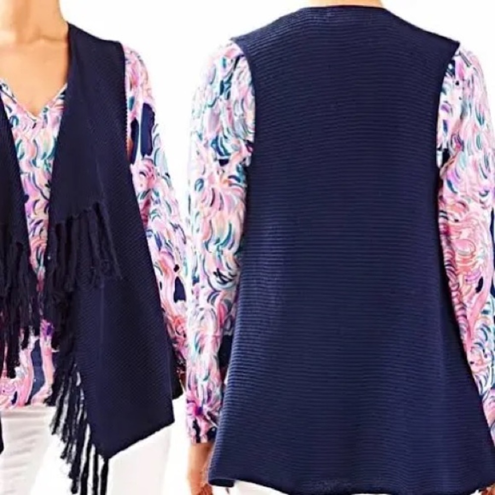 Lilly Pulitzer Andella Navy Blue 100% cotton fringe detail Sweater vest